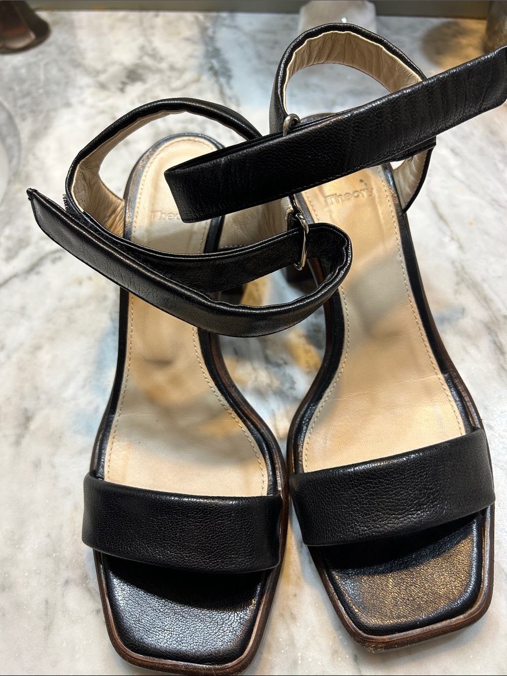 Theory Black Leather Square-Toe Ankle-Strap Heeled Sandals